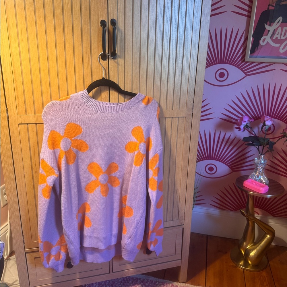 Vibrant Floral Sweater - Lavender and Tangerine